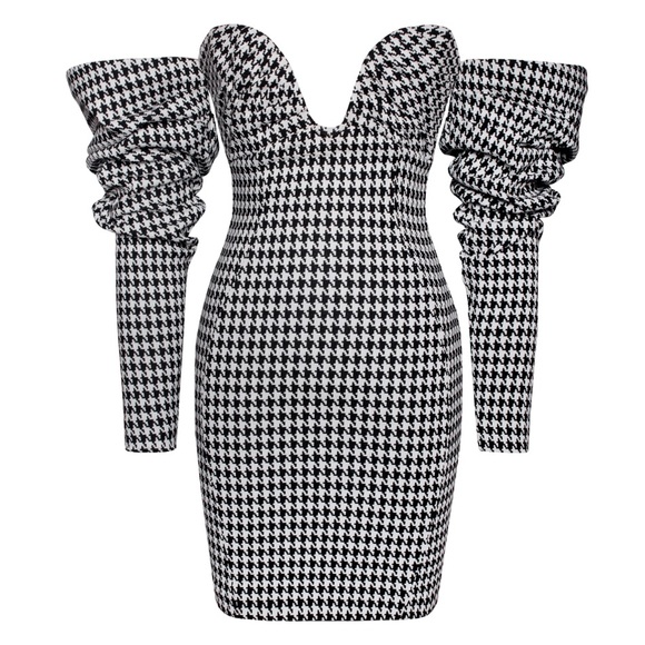 Kylie Puff Sleeve Off Shoulder Houndstooth Dress - Picture 4 of 4